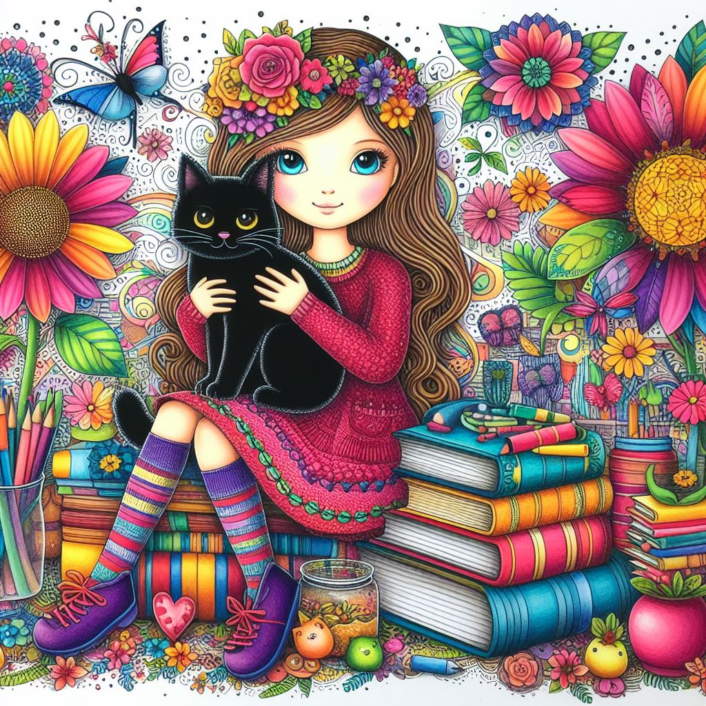 Girl with Black Cat Drawing