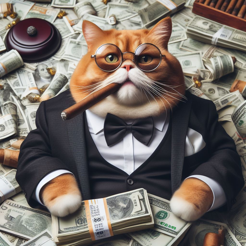 Fat Cat Smoking A Cigar Surrounded by money