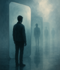 Image Idea: A silhouette of a person standing at the edge of a mirror-like surface, with multiple reflections extending into misty, surreal versions of reality—each slightly different. Think soft lighting, dreamlike atmosphere, and subtle distortions.
