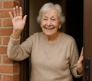 An elderly person stands gently in the doorway of a cozy, weathered cottage.