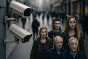 Image Credit: AI-generated image by ChatGPT / OpenAI Alt Text: Street surveillance cameras monitoring pedestrians with facial recognition overlays highlighting faces in a busy urban setting.