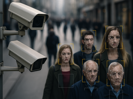 Image Credit: AI-generated image by ChatGPT / OpenAI Alt Text: Street surveillance cameras monitoring pedestrians with facial recognition overlays highlighting faces in a busy urban setting.