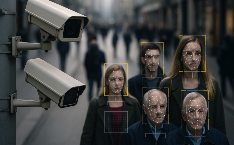 Image Credit: AI-generated image by ChatGPT / OpenAI Alt Text: Street surveillance cameras monitoring pedestrians with facial recognition overlays highlighting faces in a busy urban setting.