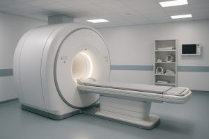 Alt text: Modern MRI scanner in a hospital imaging suite with a wide-bore tunnel and patient table, shown in landscape orientation. Image credit: Created with AI by ChatGPT (2025).