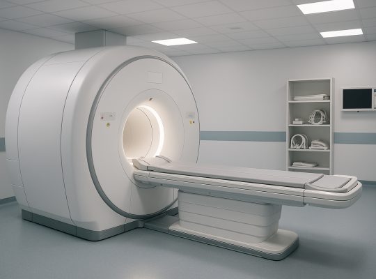 Alt text: Modern MRI scanner in a hospital imaging suite with a wide-bore tunnel and patient table, shown in landscape orientation. Image credit: Created with AI by ChatGPT (2025).