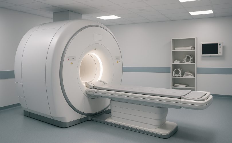 Alt text: Modern MRI scanner in a hospital imaging suite with a wide-bore tunnel and patient table, shown in landscape orientation. Image credit: Created with AI by ChatGPT (2025).