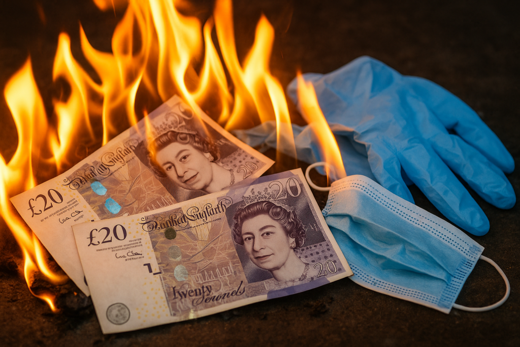 Image Description: Money & PPE In Flames: Image Credit: Image Description: A Pile Of PPE Up In Flames. Image Credit: AI-generated illustration created with assistance from ChatGPT (© DisabledEntrepreneur.UK, 2025).