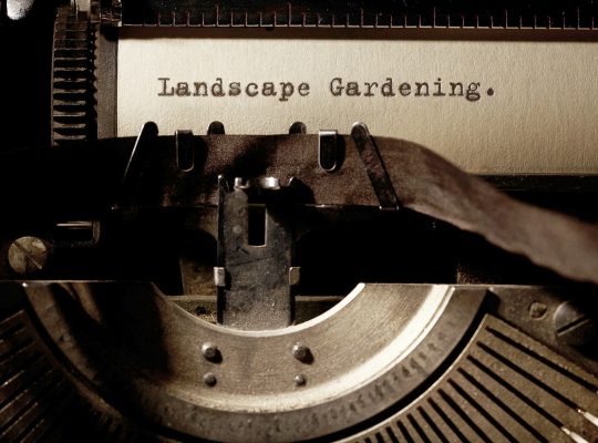 Image Description: Brown & Cream Coloured Image Depicting a Typewriter With Wording "Landscape Gardening". Typed On Paper. Image Credit: PhotoFunia.com Category: Vintage Typewriter.