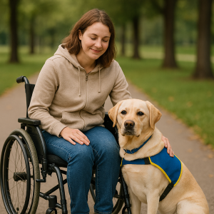 A person using a manual wheelchair sits on a paved path in a park, gently stroking the head of a yellow Labrador service dog wearing a blue vest. The dog sits attentively beside them, and soft natural light filters through the surrounding trees. Image Credit: Created with Microsoft DALL: E, Copyright UK Website Designers Group