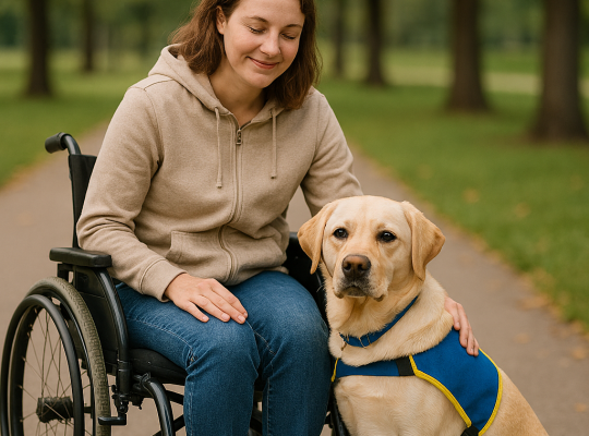 A person using a manual wheelchair sits on a paved path in a park, gently stroking the head of a yellow Labrador service dog wearing a blue vest. The dog sits attentively beside them, and soft natural light filters through the surrounding trees. Image Credit: Created with Microsoft DALL: E, Copyright UK Website Designers Group
